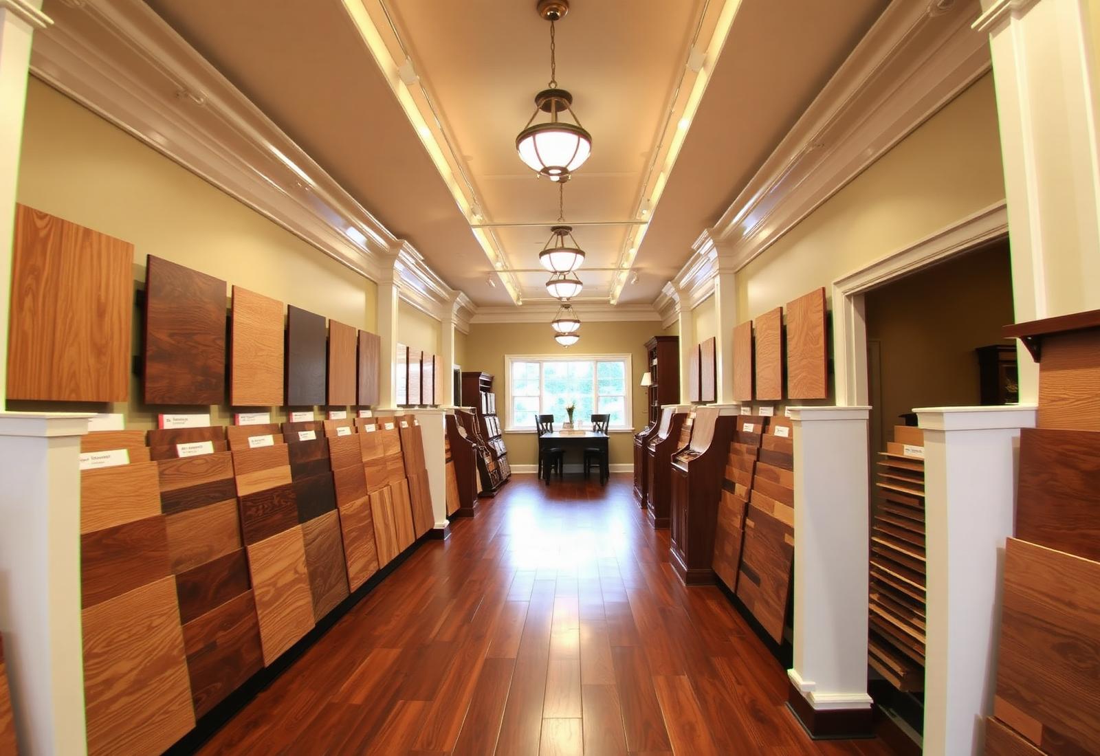 Miguel's Flooring showroom with wall of hardwood samples